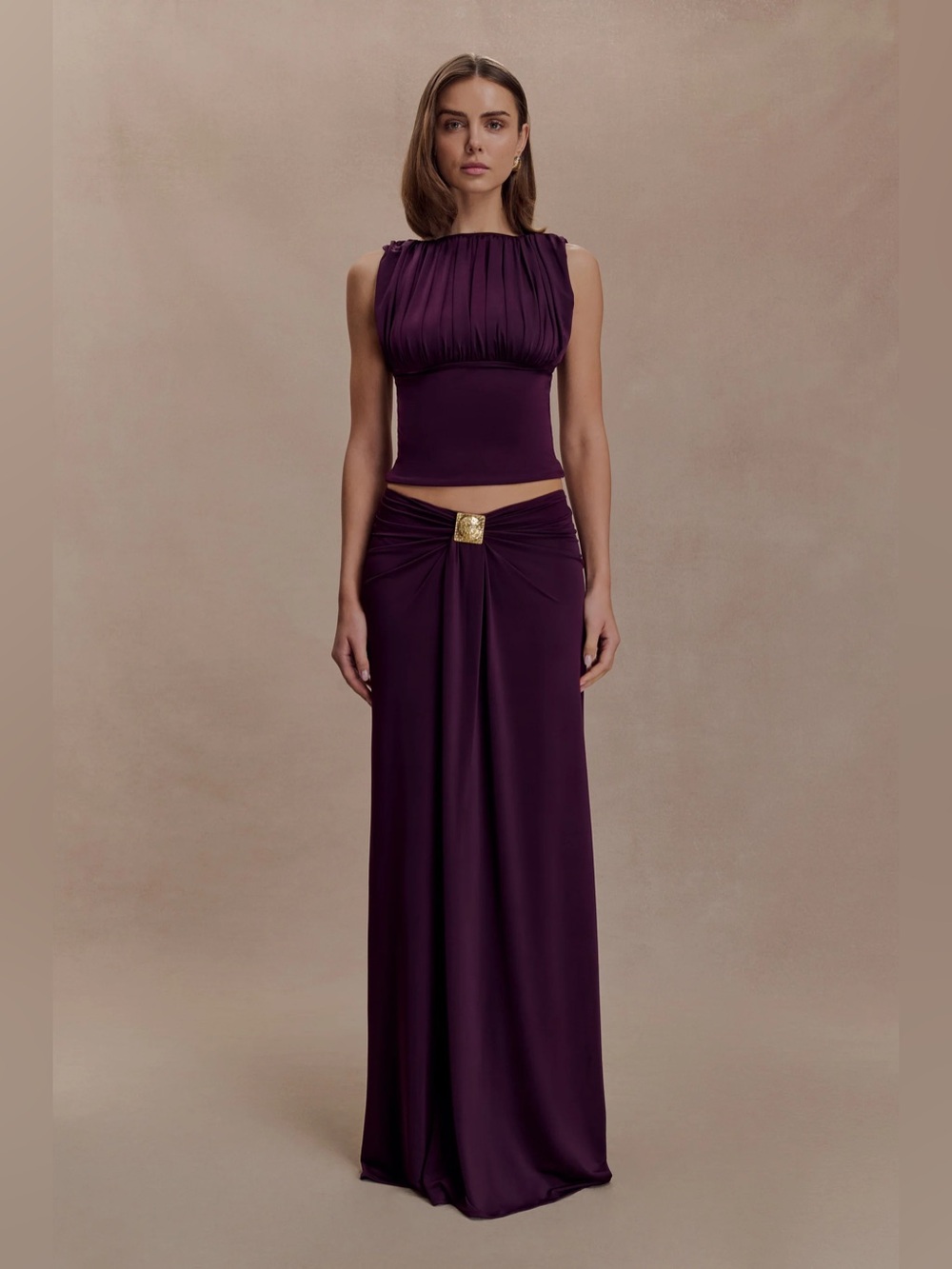 NWT Erina Slinky Ruched Maxi Skirt With Hardware - Aubergine